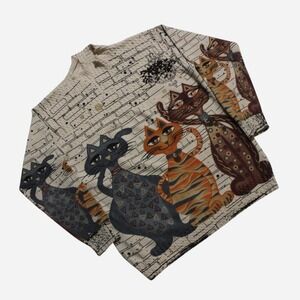 Womens Vintage Y2K Mock Neck 3D Knit Boho Cats Graphic AOP Sweater